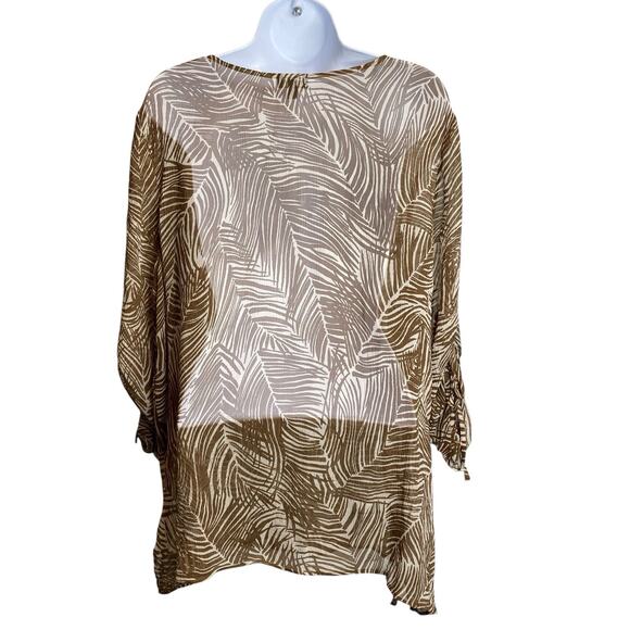 Talbots Women's Sheer Brown Tropical Palm Print Blouse Size XLP Neutral Flowy - Picture 2 of 9